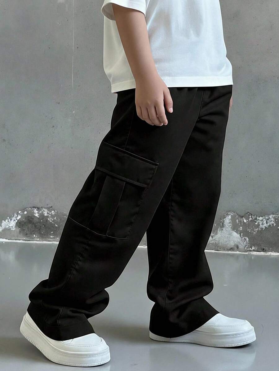 Tween Boy Patch Decor Drawstring Waist Pocket Casual Sweatpants - Black - View 1