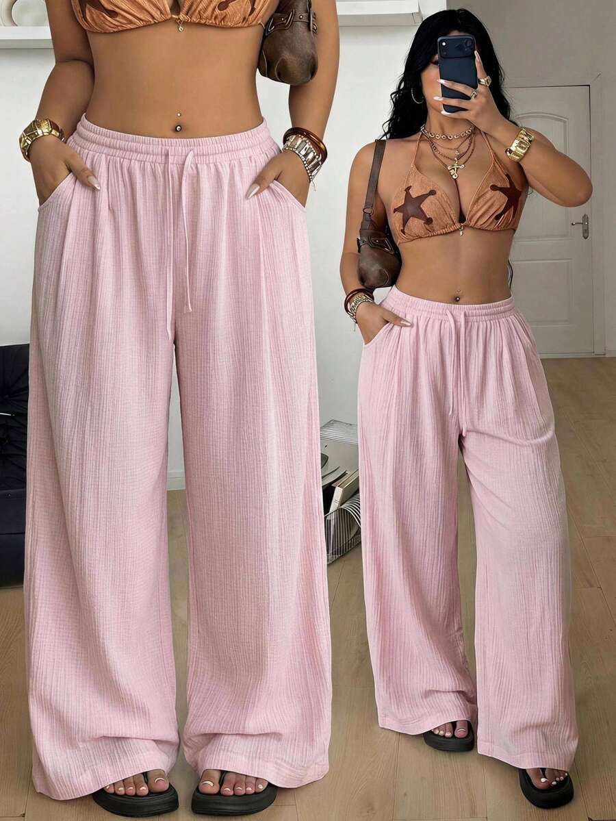 Coolane Casual Versatile Pink Woven Plus Size Pants - Baby Pink - View 1
