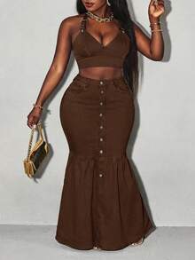 Slaydiva Plus Size Front Button Fishtail Extra Long Denim Skirt - Mocha Brown - View 7