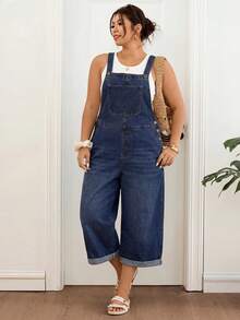 Lounesse Plus Size Dark Wash Denim Capri Overalls, Side Button Detail Cuffed Raw Hem Loose Wide Leg Cropped Jumpsuit,Summer,Fall,Halloween,Back To School,Beach - Blue - View 8