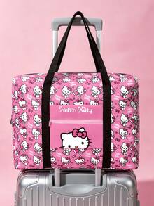HELLO KITTY AND FRIENDS | SHEIN 可愛貓咪印花可折疊旅行托特包，大容量，行李套筒設計，輕量旅行/上學適用，附前口袋 - 黑粉白 - 查看 5