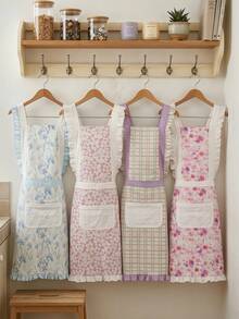 SHEIN Pack Of 1, Ladies Printed Floral Lace Apron With Pocket Flountain, Cross Strap Kitchen Cooking Cleaning Apron Daily Home - Multicolor - View 7