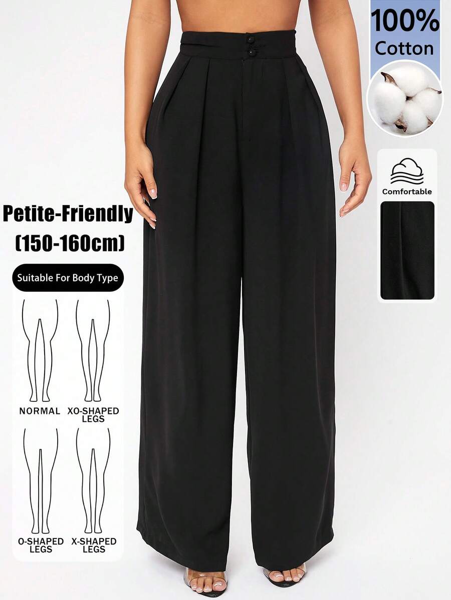 SHEIN PETITE 高腰百褶寬腿黑色長褲 - 黑色 - 查看 1