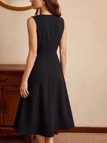 Vintamour Women's Summer Elegant Commute Solid Color Sleeveless Midi Dress - Black - View 6