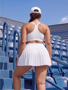 SHEIN Unity 2PCS Women's Sports Set White Tight Bra Wide Adjustable Straps Cross Back Removable Pads High Waist Pleated Skirt Lining Gym Tennis Summer - White - View 6