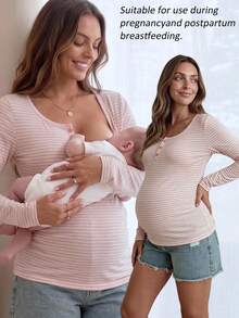 Slowluna Maternity Striped Colorblock Casual Versatile Daily Long Sleeve T-Shirt - Pink - View 3