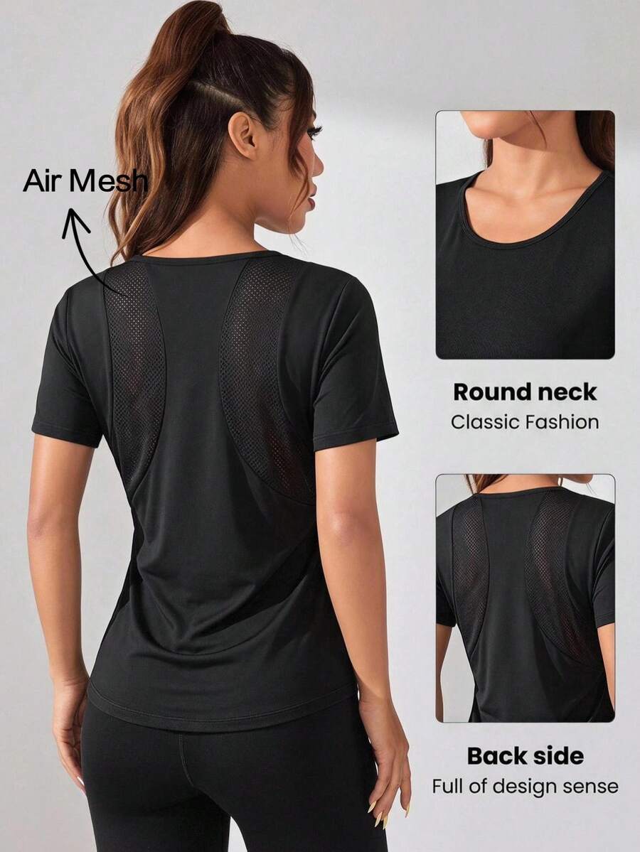 SHEIN Sports Casual Athleisure Athletic Basic Versatile Round Neck Short Sleeve Sports T-Shirt For Outdoor Gym Workout Fitness Black Summer - Black - View 1