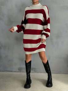 EURMUSE Vestido de suéter con hombros caídos y patrón a rayas para mujer - Rojo - Ver 5