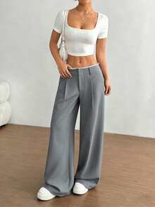 FavEase 復古新款百搭通勤商務女款垂墜直筒褲，腰部拼接高階設計顯瘦深棕色長褲 - 灰色 - 查看 6