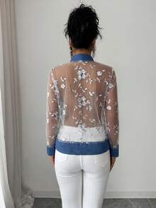 SHEIN Elenzya Women's Floral Embroidered Mesh Patchwork Denim Jacket - Blue - View 7