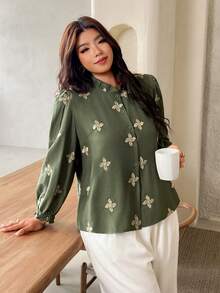 SHEIN Frenchy 大尺碼秋季休閒花卉刺繡襯衫 - 綠色 - 查看 8