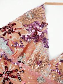 Glamine 女款綠色亮片刺繡細肩帶露背吊帶背心上衣，時尚性感度假上衣，亮片刺繡上衣 - 橘色 - 查看 3