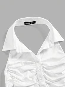 SHEIN MOD 女款素色百褶單排扣休閒掛脖背心上衣 - 白色 - 查看 3