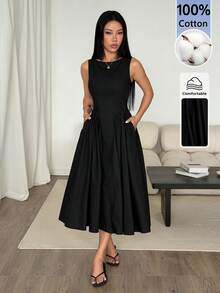 SHEIN PETITE Women's Solid Color Pleated Casual Party Dress - Black - View 4