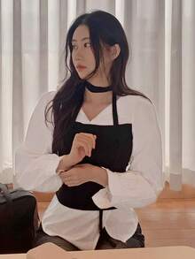 DAZY 女款拼接撞色 2 合 1 領口長袖前綁帶休閒優雅正式度假風春秋襯衫 - 白色 - 查看 6