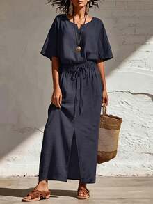 Trelyra Essential Summer Loose Cotton Shirt Dress - Waistdefined Casual Vacation Dress - Navy Blue - View 5