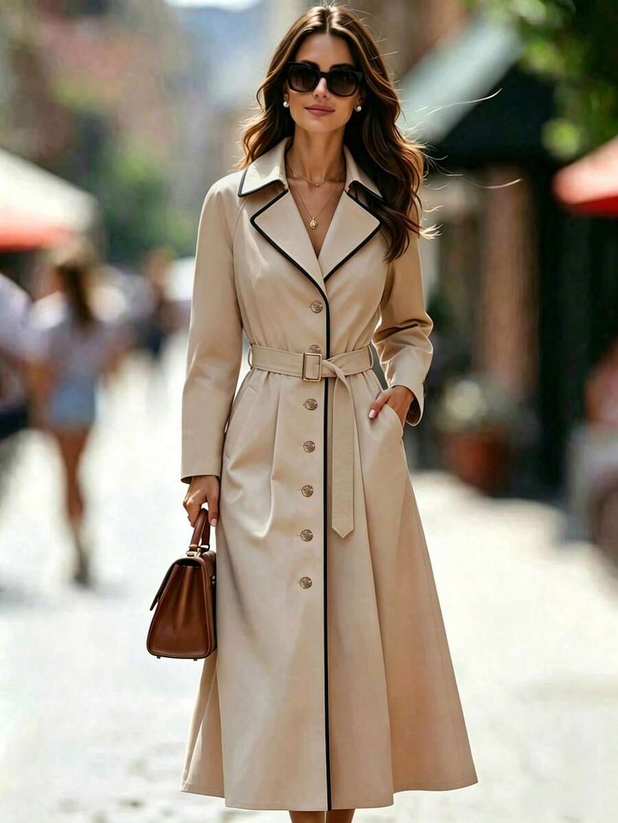 SHEIN Elenzya Women's Autumn Fashion Belted Trench Coat - Khaki - View 1