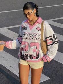 Muchica Women's Polo Collar Long Sleeve Loose Sweatshirt - Multicolor - View 3