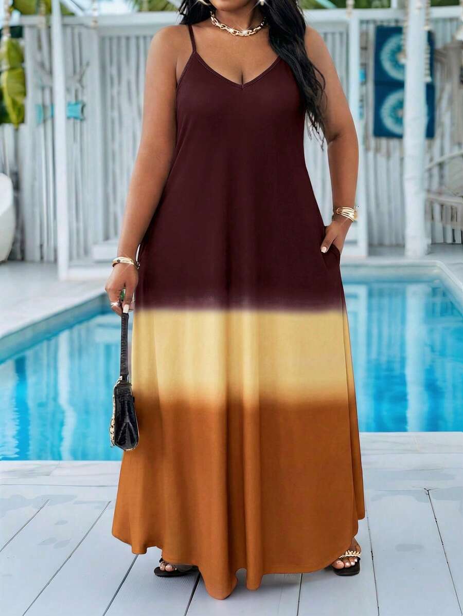 SHEIN Lady Plus Size Versatile Burgundy Colorblock Cami Dress Beach Vacation Summer - Brown - View 1
