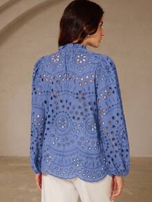 Frievida Autumn New French Style Premium Casual Heavy Embroidery Hollow Out Ruched Puff Long Sleeve Blouse - Baby Blue - View 7