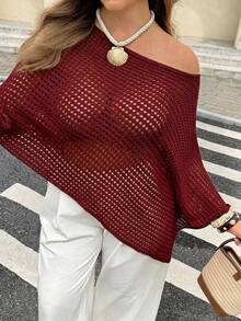 Easura 女款春夏秋時尚休閒不規則鏤空露肩寬鬆顯瘦大尺碼長袖套頭針織上衣，外穿、海灘、度假 - 酒紅色 - 查看 5