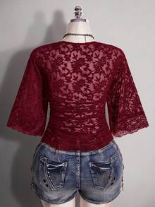 SHEIN ICON Plus Size Y2K Sexy V-Neck Lace Patchwork Flare Sleeve Top - Burgundy - View 3