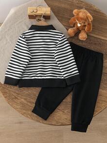 SHEIN Playful Pals 2pcs Toddler Baby Boy Kids School Striped Bear Graphic Long Sleeve Polo Collar Soft Thick Sweatshirt Pants Two Piece Set Outfit Daily Fall Clothes - Multicolor - View 2