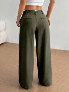 SHEIN Unity Versatile Commuting & Business Women's High-Waisted Patchwork Design Super Slimming Straight Leg Olive Green Wide Leg Pants - Army Green - View 2
