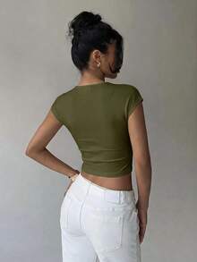 Aloruh 女款休閒夏季純色橄欖綠修身套頭T恤，性感深V領短袖短版上衣，適合夜店、外出、夜晚聚會 - 軍綠色 - 查看 4