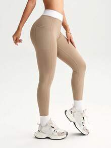 Slayform Slayform Legging Olahraga Wanita Serbaguna dengan Pinggang Silang dan Warna Kontras yang Pas di Badan - Khaki - View 7
