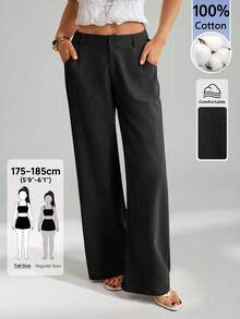 SHEIN Tall 100%水洗棉低腰直筒長褲，適合高個女性 - 黑色 - 查看 6