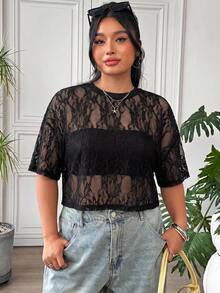 SHEIN EZwear 大尺碼女款刺繡優雅透視T恤，適合度假與派對 - 棕色 - 查看 6