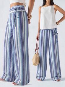 SHEIN Tall CURVE 大尺碼條紋休閒度假長褲 秋季 - 彩色 - 查看 5