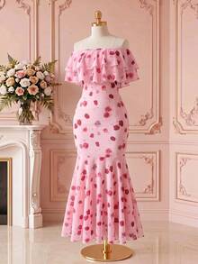 Rometta Plus Size Off-Shoulder Ruffle Elegant Commuter Lace Bodycon Maxi Dress - Pink - View 2