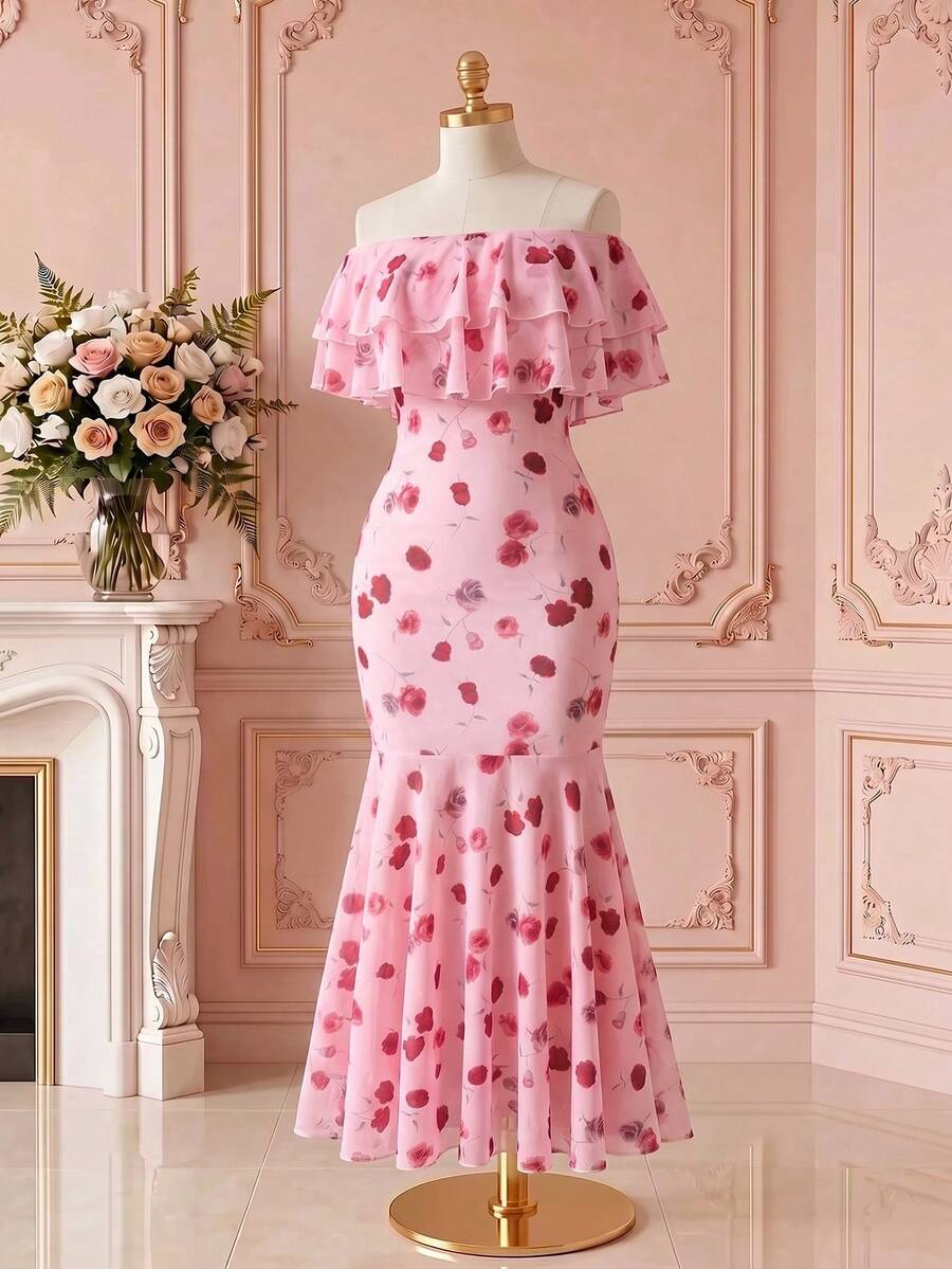 Rometta Plus Size Off-Shoulder Ruffle Elegant Commuter Lace Bodycon Maxi Dress