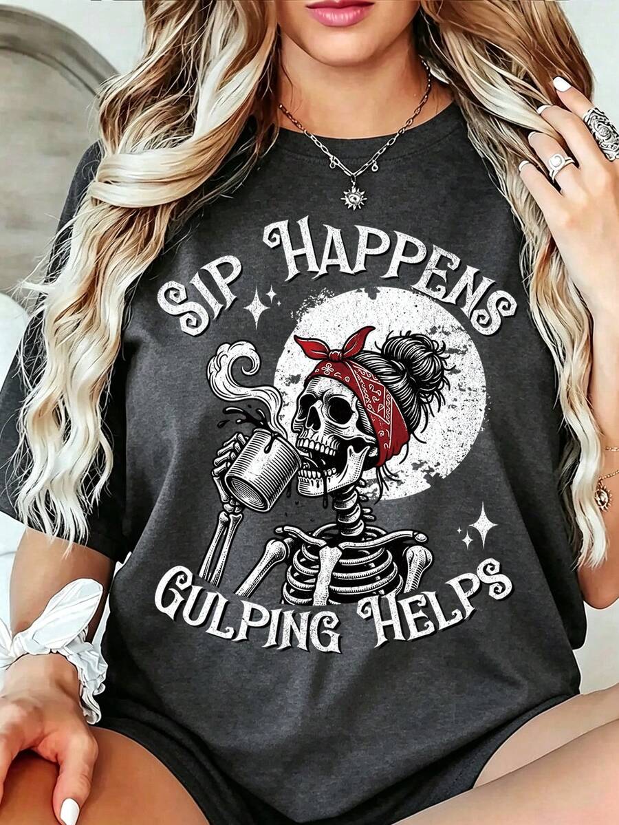 EMERY ROSE Halloween Skull Girl Print Crew Neck Short Sleeve T-Shirt - Dark Grey - View 1