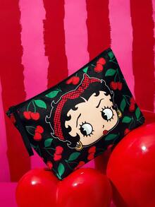 Betty Boop x SHEIN 復古女孩櫻桃印花聚酯纖維拉鍊收納包，輕量化化妝包，便攜多用途旅行與日常收納袋 - 紅綠色 - 查看 3