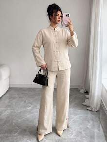 Elenzga Off-White Washed Textured Linen Chinese Style Stand Collar Frog Button Top & Wide Leg Pants Set, Zen Chinese Style Daily Commute & Tea Party Outfit - Apricot - View 8