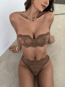 Aloruh 两件套女士纯色无肩带性感蕾丝内衣套装 - 杏色 - 查看 3