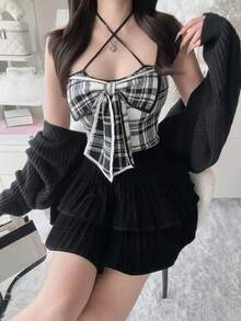 FRIFUL Women's Early Autumn New Korean Style Plaid Camisole & Cardigan Sweater 2 Pieces Set Cute Tops - Black - View 6