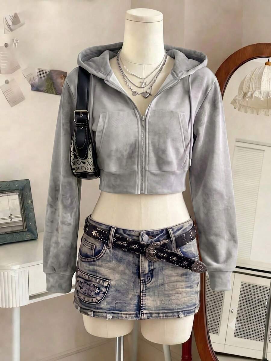 Lalippa 女款復古拉鍊短版連帽衛衣附口袋 - 彩色 - 查看 1