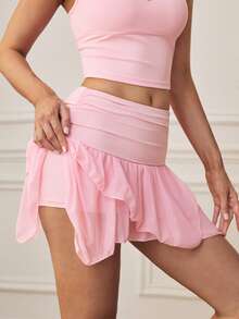 Eassivo Ruffle Hem Asymmetrical Skort - Pink - View 5
