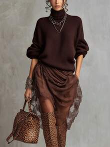 LUMIGAL Women's Casual Solid Color Turtleneck Sweater, Autumn/Winter - Brown - View 1