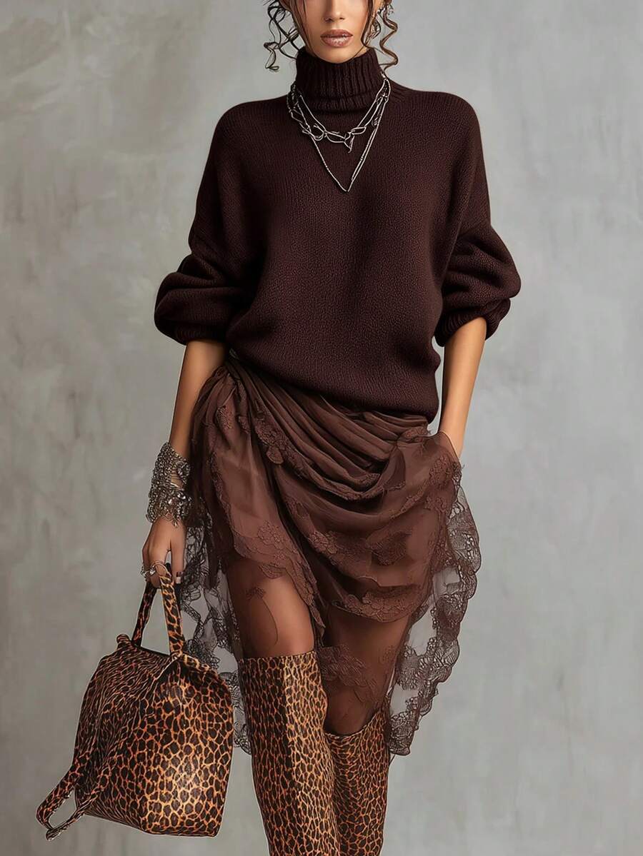 LUMIGAL Women's Casual Solid Color Turtleneck Sweater, Autumn/Winter - Brown - View 1