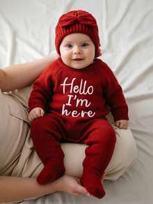 SHEIN HELLO World 新生兒攝影服裝 紅色針織嬰兒連身褲 腳套式連身衣 出生公告 紅黑配色 秋季可愛款 - 紅色 - 查看 8
