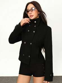 Zavorell Plus Size Fashion Commuter Double-Breasted Overcoat - Black - View 6