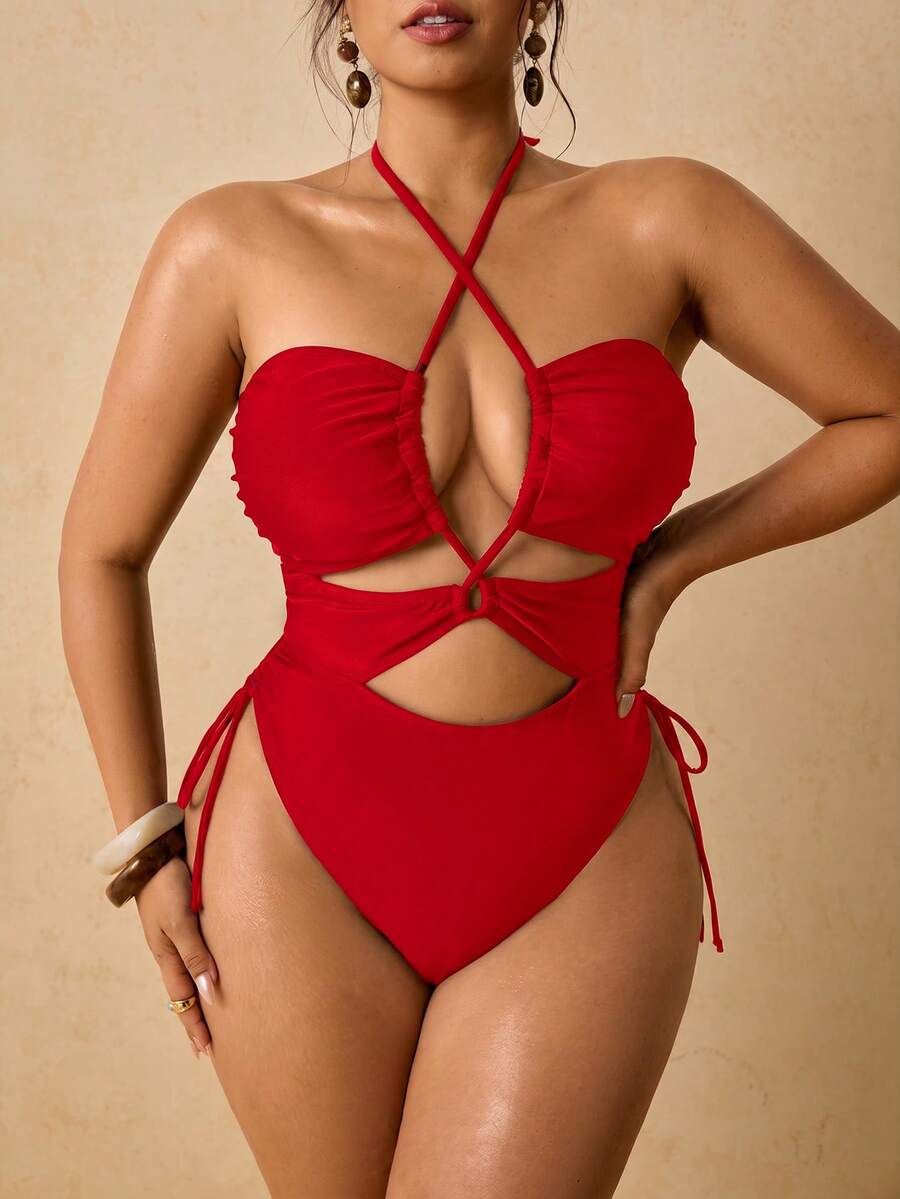 Travachic Plus Size Women's Solid Color Ruched Halter One-Piece Swimsuit, Suitable For Beach Vacation, Pool Party, Beach Party Swimsuits Bathing