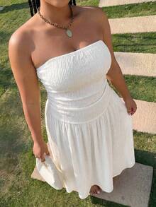 Muchica Plus Size Women's Sleeveless Bandeau Waist-Cinched Ruffle Hem Dress - White - View 3