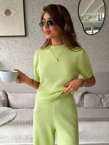 SHEIN Women Comfy Cozy Drawstring Knit Top And Knit Short 2pcs Two Pieces Set - Pale Yellow - View 8