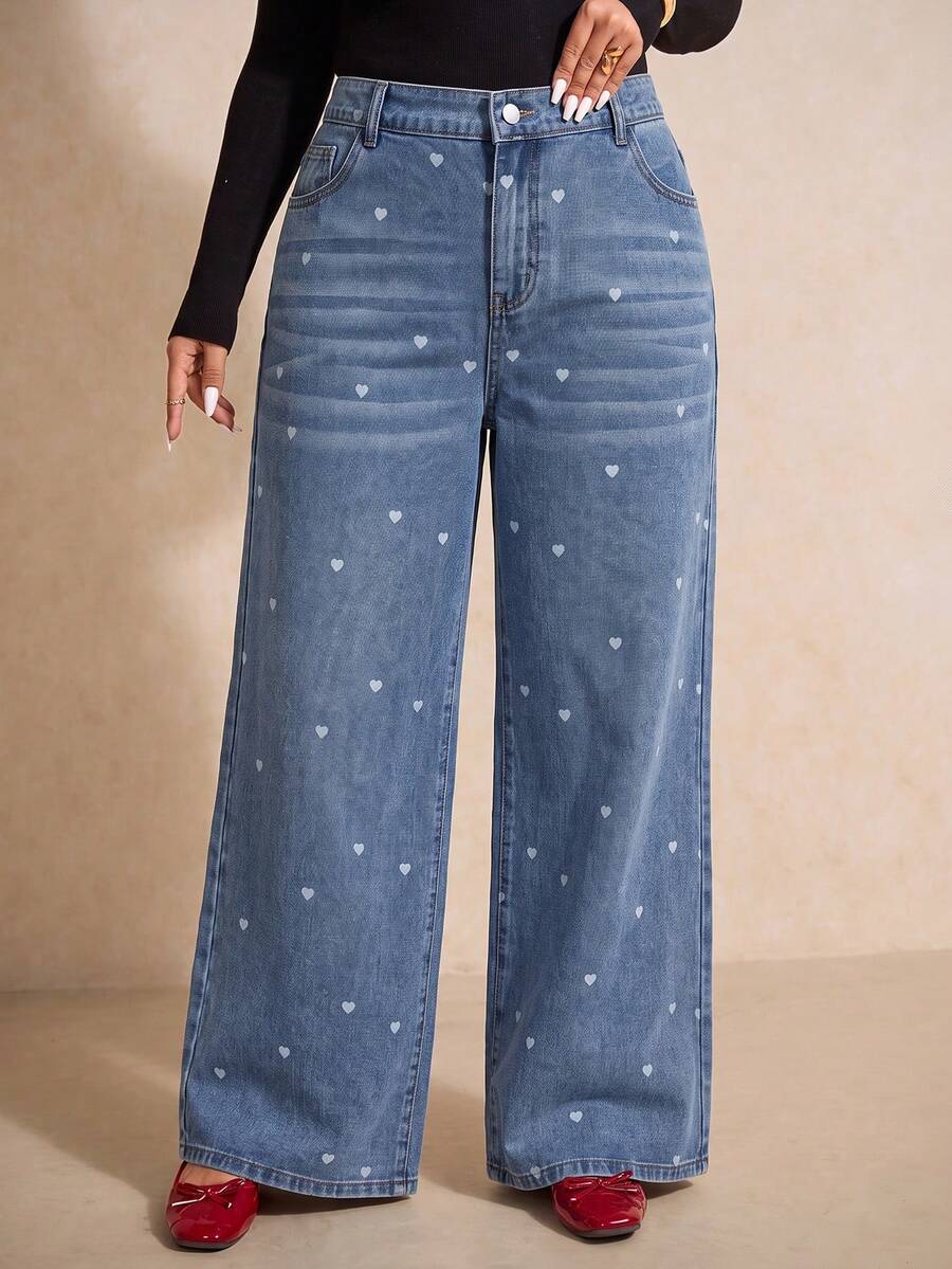Elaquor Plus Size Women's Casual Daily Denim Jeans With Pockets, Buttons And Heart Pattern Teacher For Women
